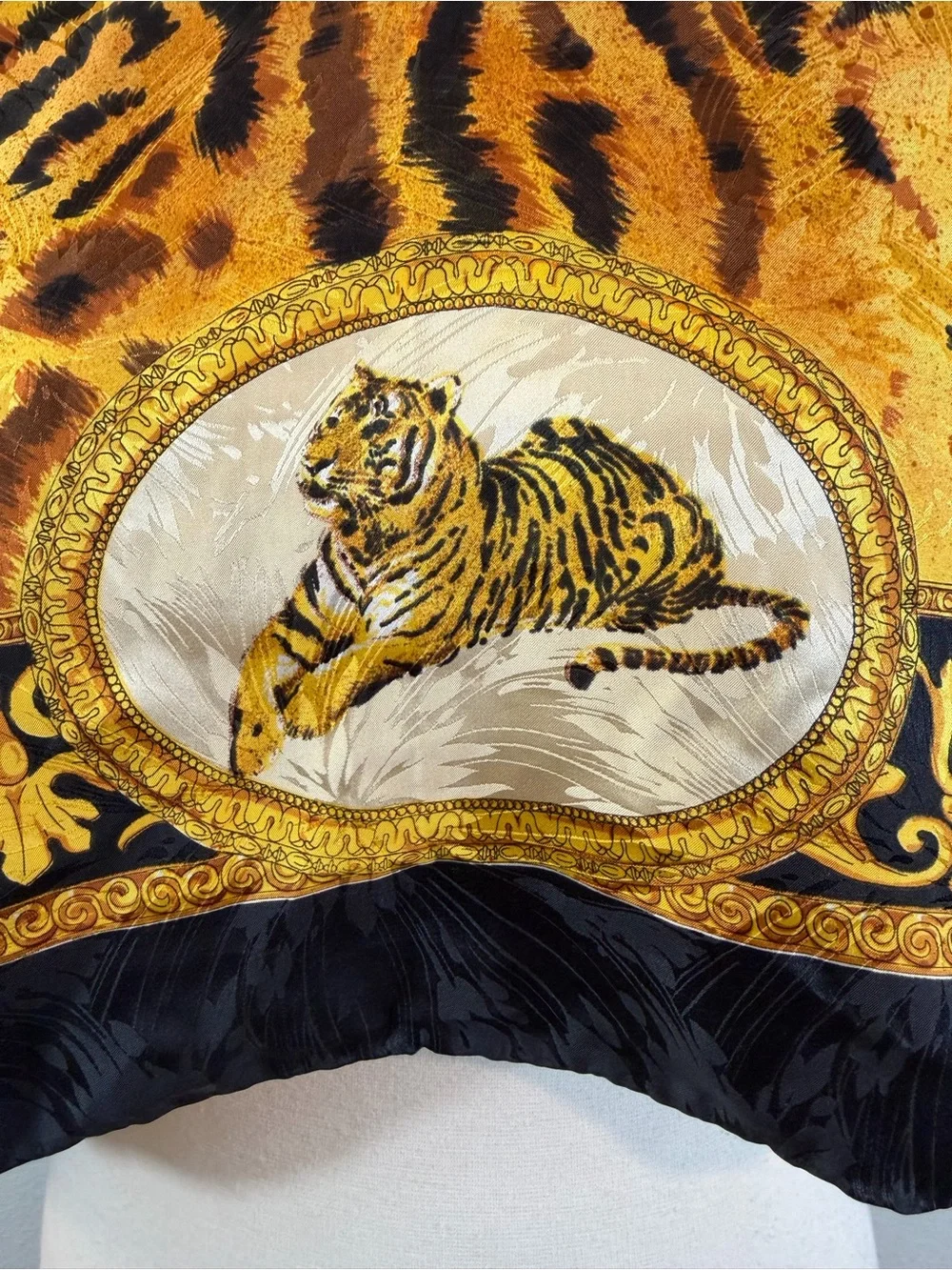 Vintage Tiger Baroque Silk Scarf 34” Giancarlo Milano Print Rolled Hem